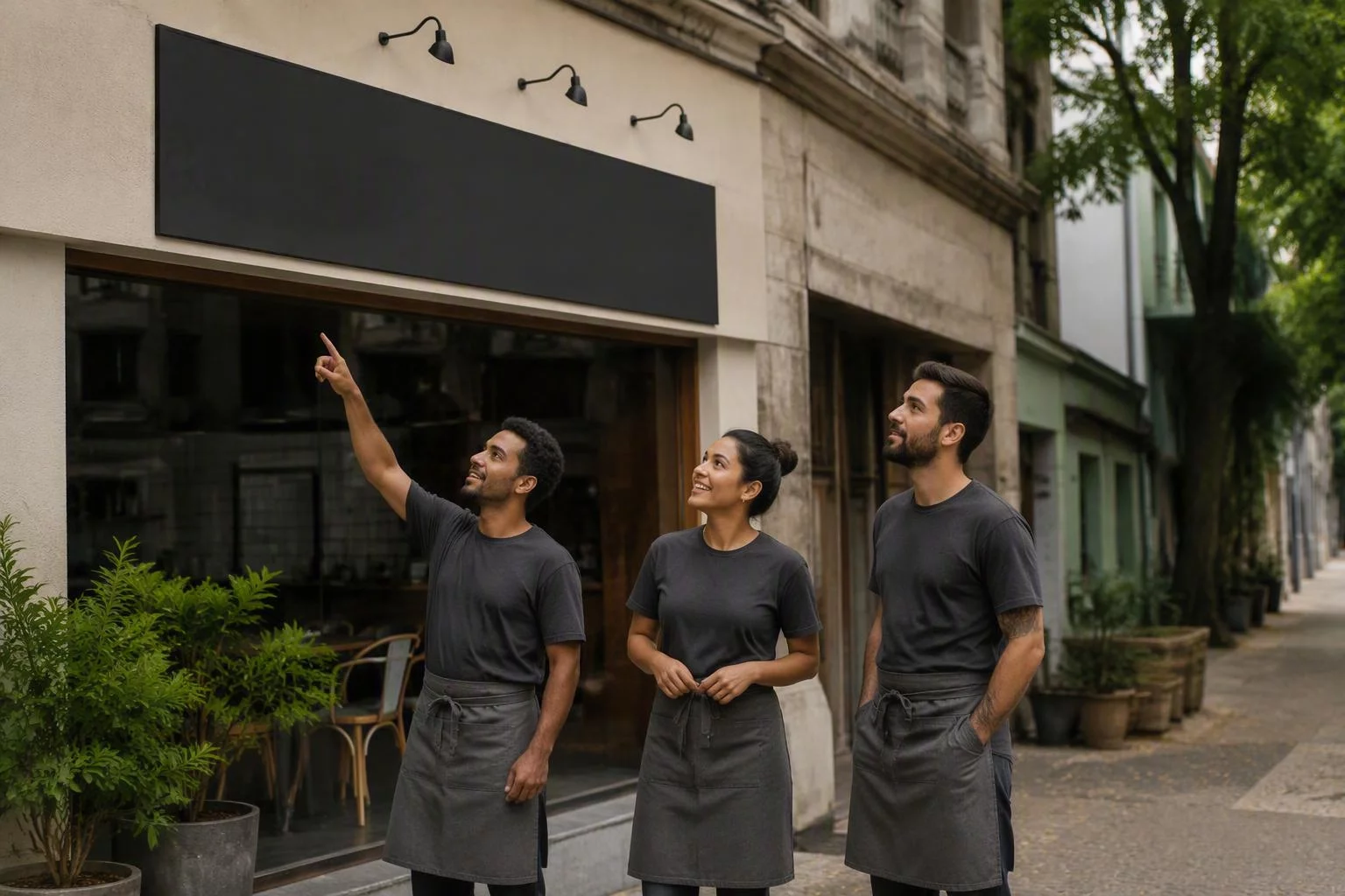 Equipe de uniforme novo conferindo a fachada antes de abrir